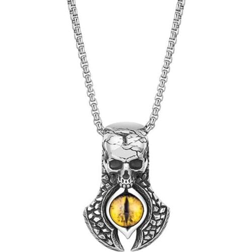 Stainless Steel Yellow Evil Eye Skull Wings Punk Rock Pendant Necklace Men Hip Hop Jewelry Gift For Him with Chain