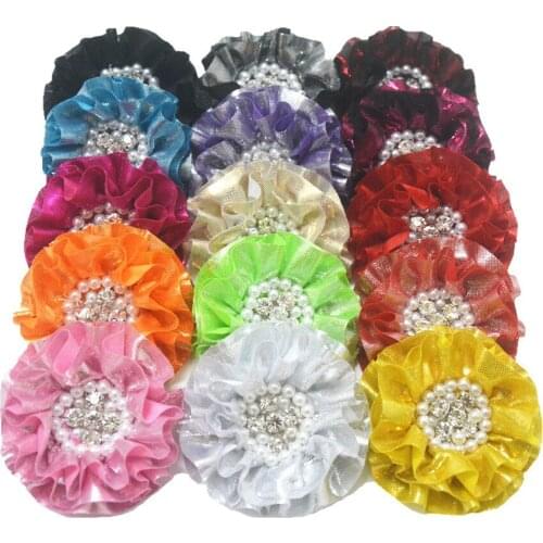 3.3 inch Gold Color Flower Headband Metallic Chiffon Flower With Rhinestone Center 50Pcs/lot 16 color in stock