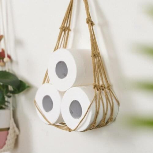 Practical Hanging Storage Bag Hollow Modern Storage Hanging Pocket Space-Saving Cotton Line Toilet Paper Rope Bag for Home