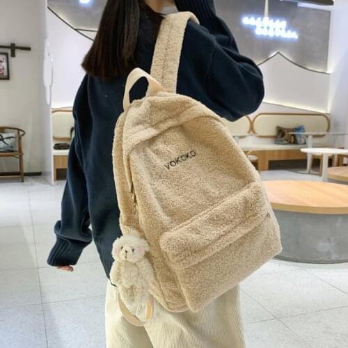 Women Plush Ins Backpack Female Winter Shoulder School Bags for Teenage Girls College Travel Backpacks High School Forest Simple