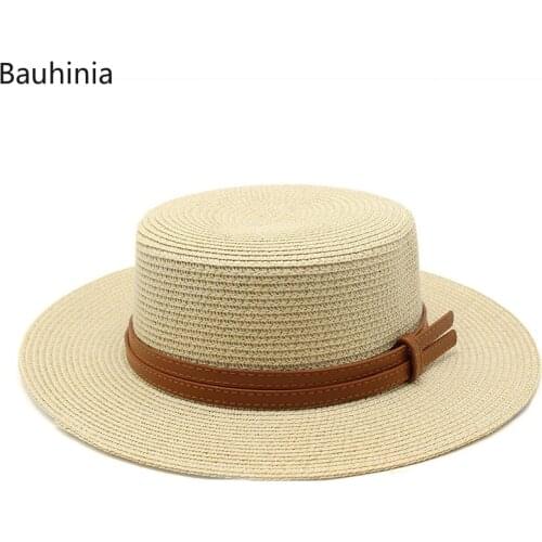 Bauhinia Summer Breathable Sun Straw Hat with Belt 2021 Womens Travel Beach Hat Panama Boater Cap