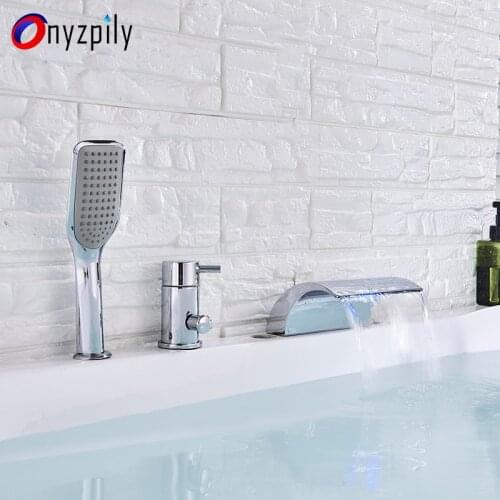 Bathtub Faucet LED Waterfall Widespread Tub Sink Mixer Taps Chrome Brass Bathroom Bath Shower Faucet with Handshower Tall Spout