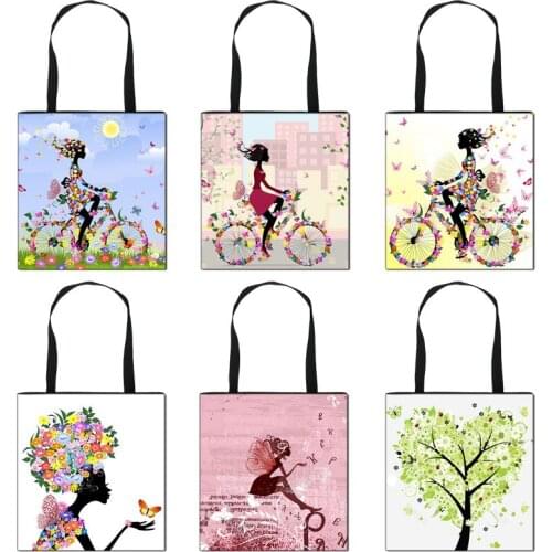 Spring Girls With Flower Bicycle Print Reusable Shopping Bags Women Large Tote Bags Shoulder Bag Ladies Handbags For Travel