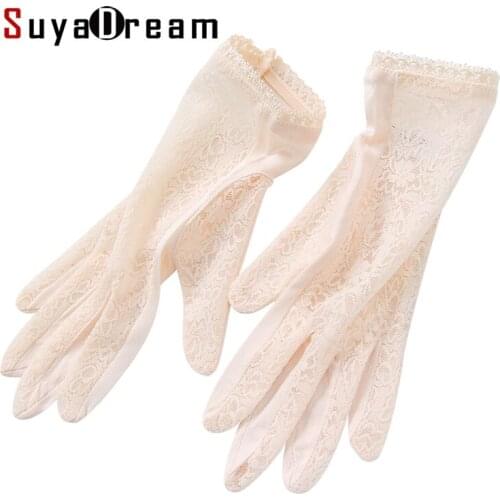SuyaDream Women Mittens 100%Natural Silk and Lace Adult Gloves 2021 Ladies Fashion Glove