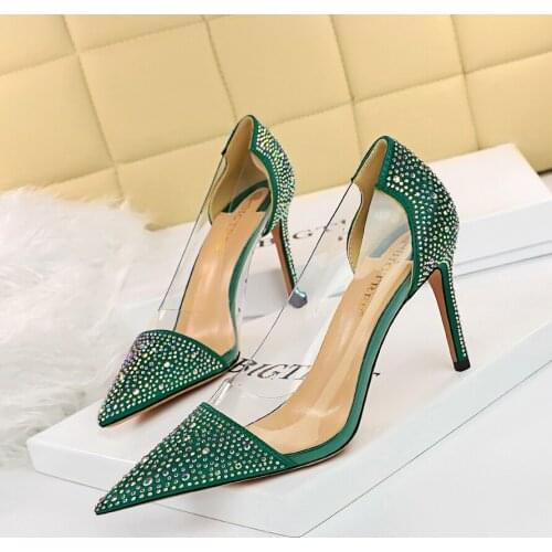 BIGTREE Shoes Fashion New Women Pumps Transparent Kitten Heels Women Rhinestone High Heels Sexy Party Shoes Women Heels Female