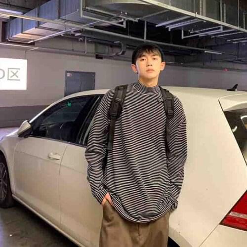 Spring and autumn long sleeve t-shirt mens fashion label versatile ins loose half high collar sweater couple chic with striped