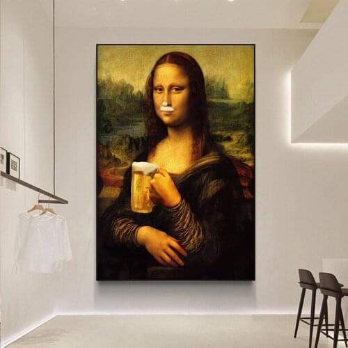 Funny Mona Lisa Drinking Beer Canvas Paintings Famous Posters and Prints Wall Art Modular Pictures for Living Room Home Decor