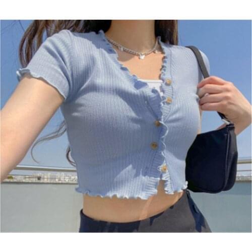 Women Button Solid Blue T-shirts Girl T-shirt with exposed ears Women Summer Fashion Crop Top