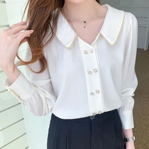 White Shirt Women Elegant Peter pan Collar 2021 Autumn Long Sleeve Fashion Double Breasted Casual Chiffon Blousee Blusas Mujer