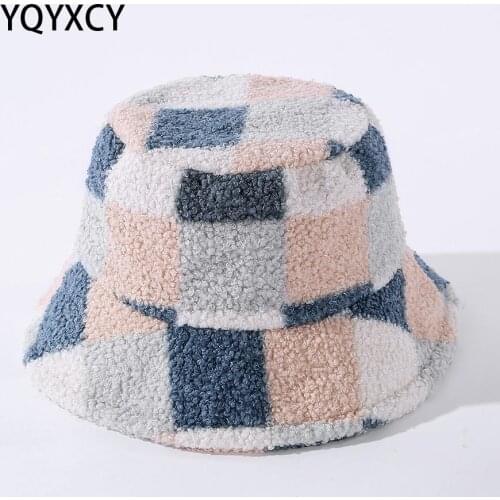 YQYXCY Bucket Hat Women Winter Thick Velvet Warm Plaid Fisherman Cap Korean Fashion Flat Top Bob Chapeau 2020 New Accessories