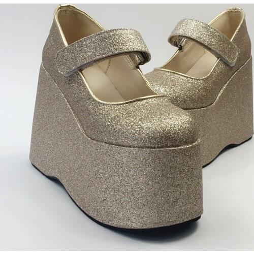 Womens Sequins Bling Gold Crystal Platform Round Toe Leather Super Wedge High Heel Knight Punk Shoes Plus Size34-46 A002