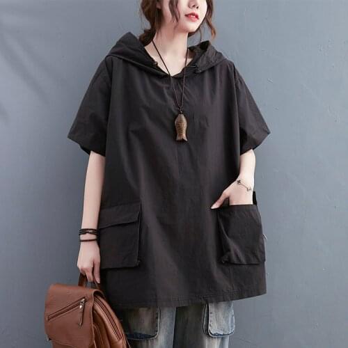 Summer Women Pullovers Hooded Korean Style Solid Color 3D Patch Pocket Short Sleeve Casual All-match Loose Female T-Shirt Tops