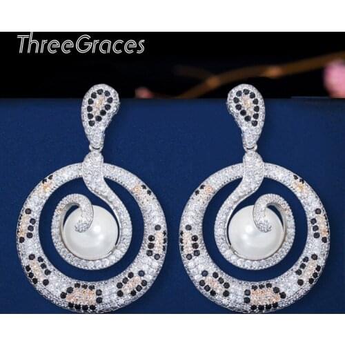 ThreeGraces Gorgeous Silver Color CZ Snake Big Pearls Statement Pendant Drop Earrings for Women Bridal Wedding Jewelry E0356