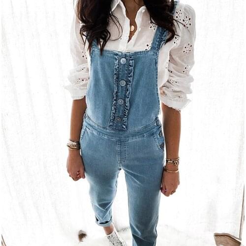 Streetwear Light Blue Jumpsuit Women Jeans Pencil Pants Overalls Suspender Sports Double Shoulder Strap Button Denim Jumpsuit