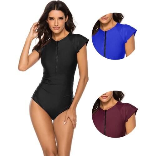 Women Zip Front One Piece Bikini Full Coverage UV Protection Beachwear Retro Rashguard Surfing Sport Swimsuit Crew-neck Swimwear