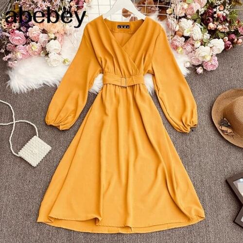 2021 New Spring Autumn Temperament All-match V-neck puff sleeve Dress waist slim sashes mid length Dress