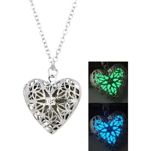Womens Heart Luminous pendant Necklace Glow In The Dark Silver Plated locket Necklaces Christmas Valentines Gift For women