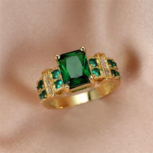 Female Vintage Big Stone Green Engagement Ring Charm Gold Color Wedding Rings For Women Luxury Square Zircon Crystal Jewelry