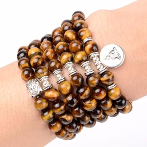 108pcs Mala Beads Bracelet Natural Stone Yellow Tiger eye Stone Buddha Charm Bracelets For Women Men Yoga Jewelry Dropshipping