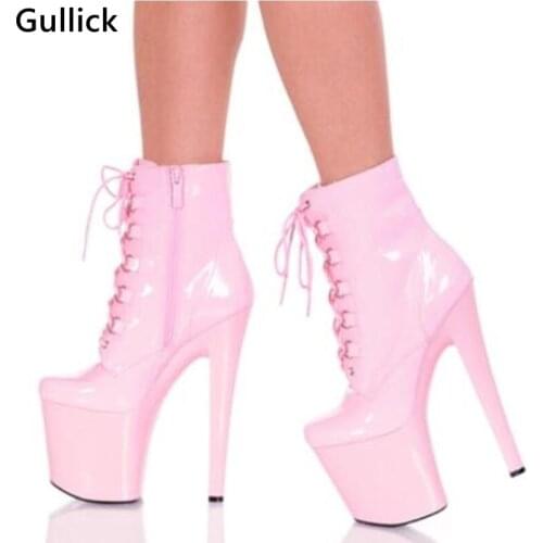 2018 Hot Selling Women Platform Lace up pink /black/white Color Boots Super High 15CM Night Club Shoes