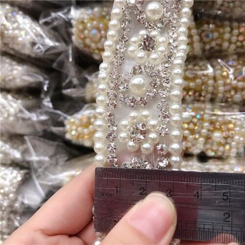 5yards Pearls Crystal Rhinestone Beaded Trim Applique Iron On Bridal Costume SEW ON