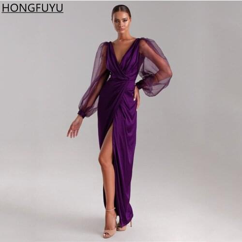 HONGFUYU Purple Satin V Neck Evening Dresses Puffy Long Sleeves Draped Slit Maxi Party Prom Gowns robe de soirée de mariage