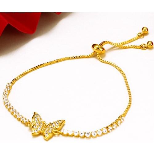 Butterfly Shaped Tiny Zircon Paved Charm Bracelet Adjust Jewelry Yellow Gold Filled Trendy Womens Bracelet Wrist Chain Gift