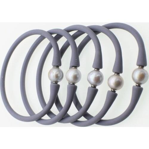 One piece freshwater pearl near round 10-11mm and silicone 7.5inch bracelet FPPJ wholesale beads nature