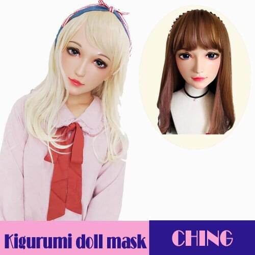 Ching-01)Female Sweet Girl Resin Half Head Kigurumi BJD Mask Cosplay Japanese Anime Role Lolita Mask Crossdress Doll Mask