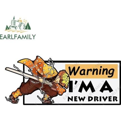 EARLFAMILY 20cm x 8.5cm for Demon Slayer Zenitsu New Driver Warning Car Stickers Motorcycle Decal Trunk Windshield RV Sticker