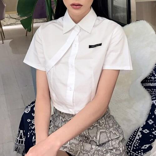 Focal20 Streetwear Solid Color Women Shirts Fashion White Short Sleeve Short Blouses Summer Ladies Cropped Top