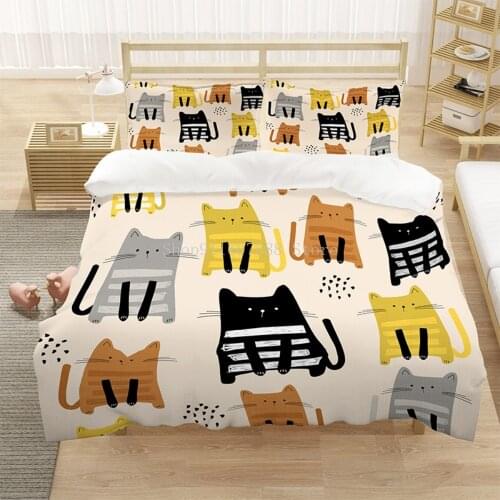 Cartoon Bedding Set Cute Cats Duvet Cover Set Kids Bed Set Queen Size Comforter Bedding Sets King Pillowcase Decor Bedclothes