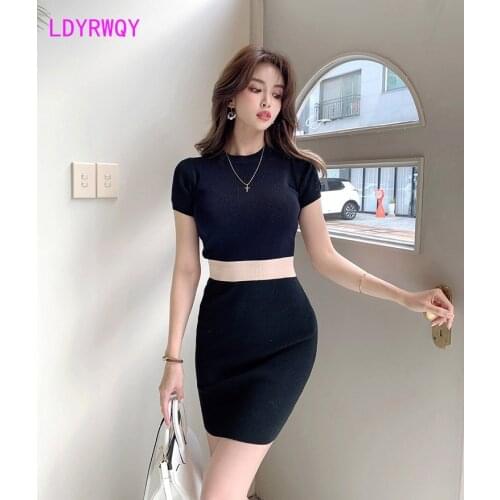 Womens new color matching dress slim slimming elastic short-sleeved knitted bag hip bottoming