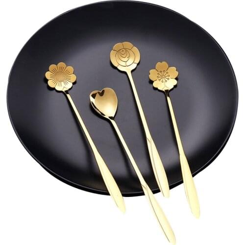 Retro Tea Coffee Mixing Spoon Gold Spoon Long Handle Dessert Stainless Steel Vintage Teaspoons Drink Tableware Flowers Design