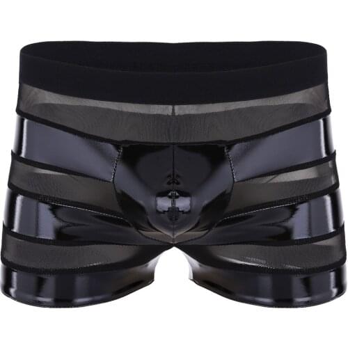 Mens Erotic Lingerie Leather Underwear Wetlook Faux Leather Mesh Patchwork Underpants Stripe Low Rise Boxer Briefs Gay Panties
