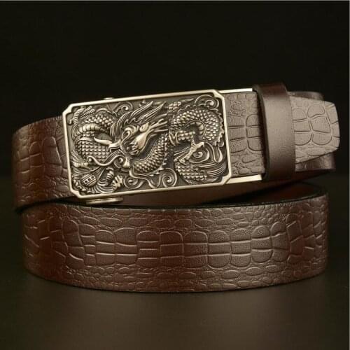 Men Automatic Buckle Cowskin Genuine Leather Crocodile Grain Alligator Dragon Belt Jeans Waistband BCD046