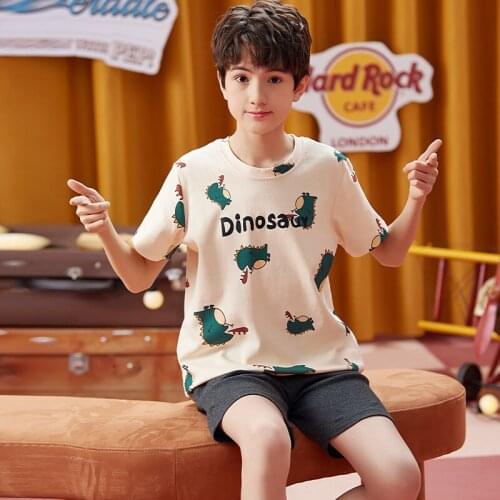 Kids Boys Sleepwear Summer Full Cotton Short Sleeve Children Homewear Pajamas For Boy Funny Cartoon Anime Dinosaur Kid Nightwear