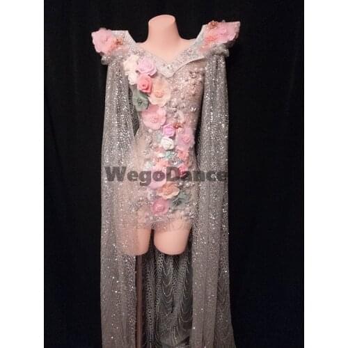New Luxury Women Singer Concert Cloak Silver Glitter Powder Flower Transparent Tailing Dress Models Catwalk Costume