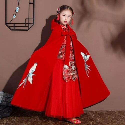Girls Hanfu Cape winter new Embroidery Long Cloak Chinese Children Ancient Mantle Kids New Years Wear Keep Warm Christmas