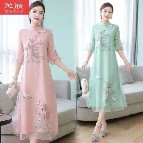 Fake Two-piece Dress Female Summer New Vintage Wedding Party Mother Dress Floral Embroidery Improved Cheongsam Dress Vestidos