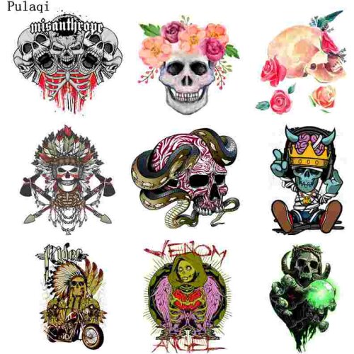 Pulaqi Punk Rock Iron on Transfer Heat Vinyl Transfer Patches for Clothes Stranger Things Skull Applique Thermal Ironing Sticker