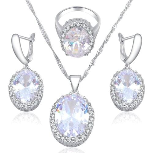 ROLILASON silver plated stamped Earring Necklace Pendant rings 43cm Chain AAA CZ Fashion Jewelry Set for women party JS586