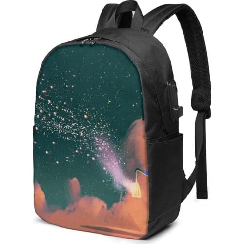 Teenage Backpack for School Boy Girl Man Holding Cage With Floating Shining Stardust Painting School Bag USB Charging Bookbag