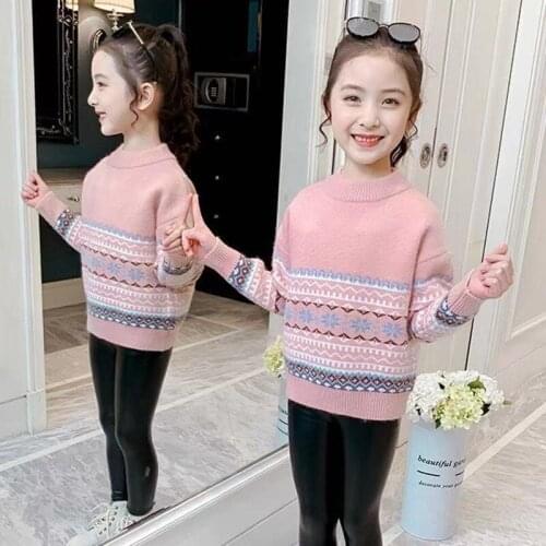 Girls Sweater Kids Coat Outwear 2021 Cute Plus Velvet Thicken Warm Winter Autumn Knitting Tops Fleece Pullover Childrens Clothi