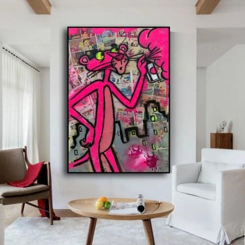 Street Graffiti Art Animal Pink Panther Canvas Painting Wall Art Posters Prints Wall Pictures for Living Room Home Cuadros Decor