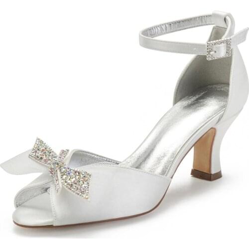 Open toe vintage bridal wedding thick heels lady high heel ankle strap with rhinestone bow colorful brooch party prom dance shoe