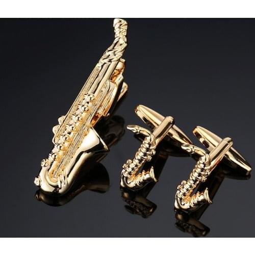 High-quality plating gold Cufflinks Ties Clip Sets Mens Mustache Music Sax Bat Cuff Links Tie Clip Set