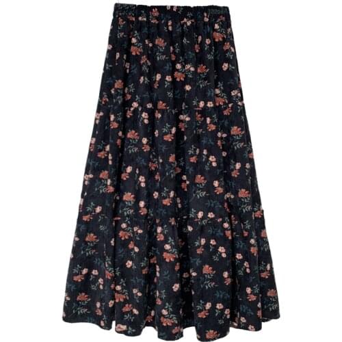 Vintage Floral Print A-line Pleated Long Skirts Autumn Women Corduroy Skirt Streetwear Drawstring Elastic Waist Midi Skir