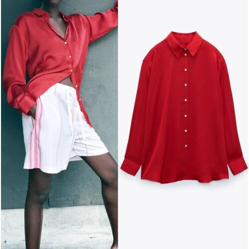 TRAF Red Top Women Za 2021 Satin Shirt Woman Oversized Long Sleeve Blouse Female Collared Button Up Shirt Vintage Green Top