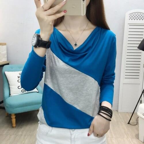 Tee Shirt Femme Shirring Contrast Color Patchwork T Shirt Women 2021 New Autumn Womens Tops Long Sleeve T-Shirt Woman Clothes